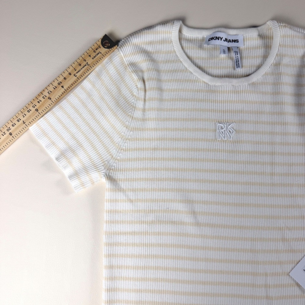 DKNY Jeans Womens LP White Tan Striped Ribbed Knit Short Sleeve Top NWT - Picture 11 of 11